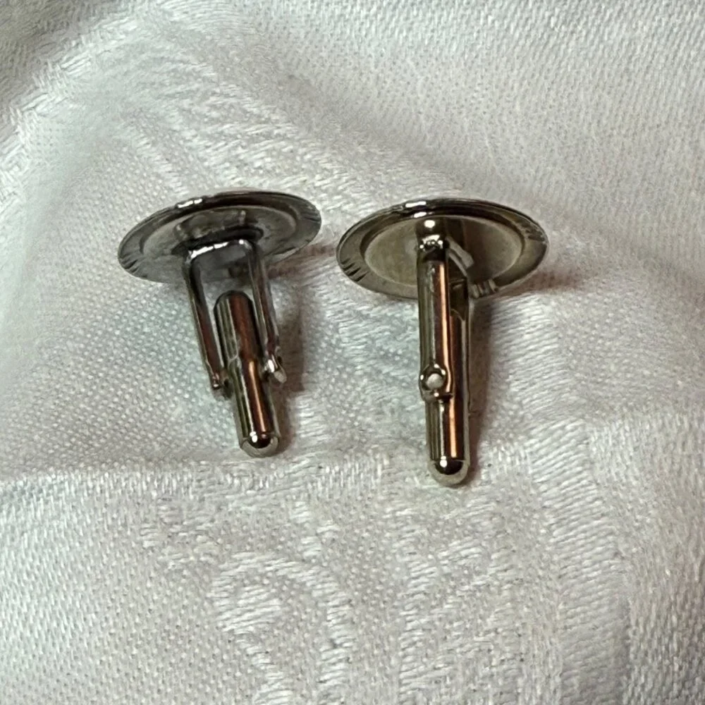 Vintage Silver-Tone Cuff Links Round White Lucite Red Rhinestone